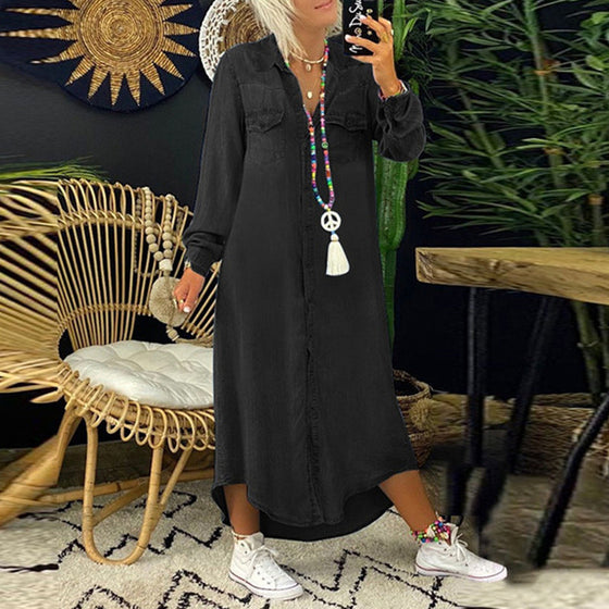 Enfärgad långärmad denimklänning för kvinnor