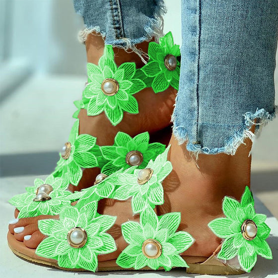 Casual damsandaler med chiffongblomma och pärlor