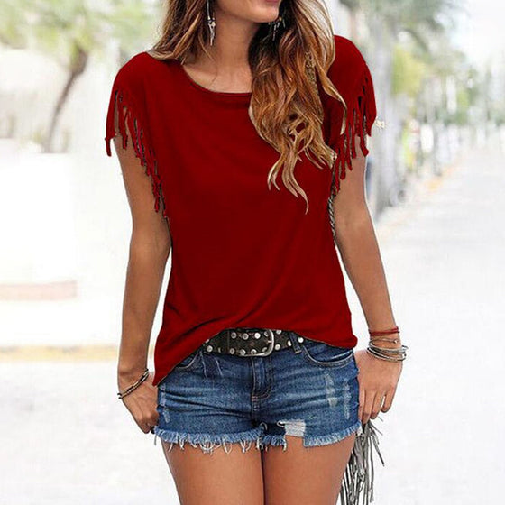 Enfärgad kortärmad frans-T-shirt med rund hals