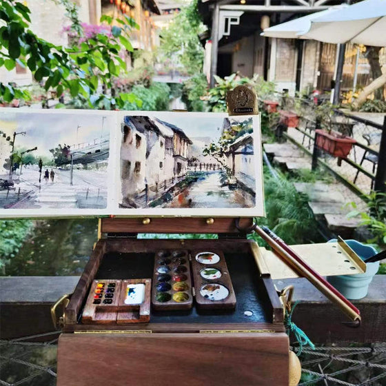 Bärbar akvarellpalett i valnöt