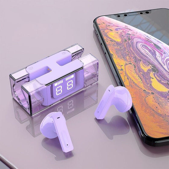 Trådlösa hörlurar med transparent fodral