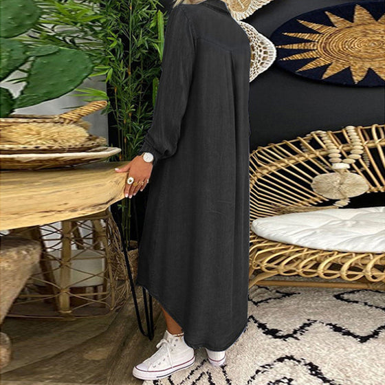 Enfärgad långärmad denimklänning för kvinnor