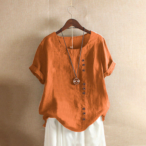 Avslappnad kortärmad T-shirt i bomull och linne