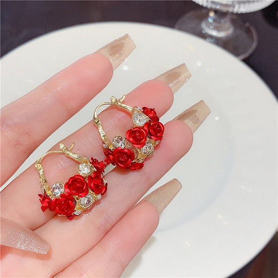 Blossoming Flower Basket Red Rose Earrings