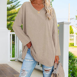 Enfärgad långärmad v-ringad topp