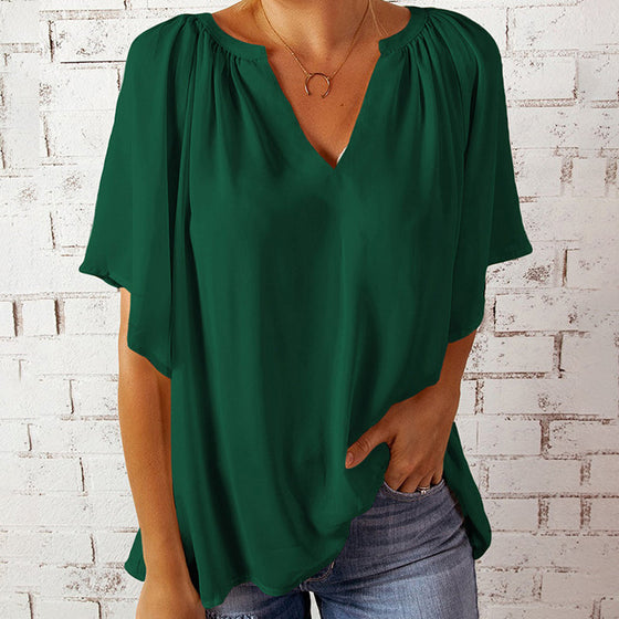 V-ringad halvärm enfärgad blus