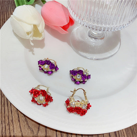 Blossoming Flower Basket Red Rose Earrings