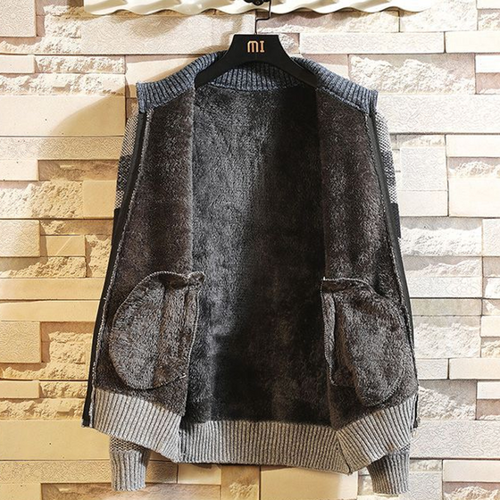 Fleeced stickad tröja cardigan för män med hel dragkedja