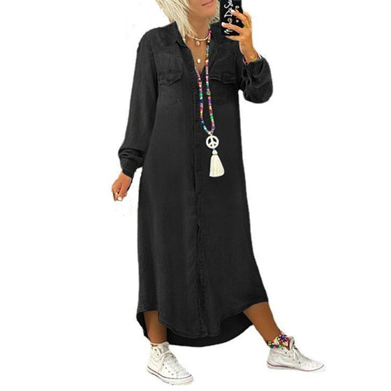 Enfärgad långärmad denimklänning för kvinnor