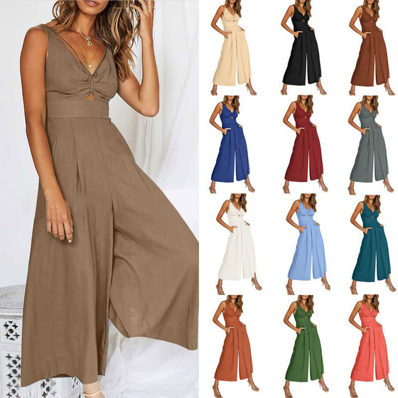 Jumpsuit med V-ringning och utskärning och vida ben