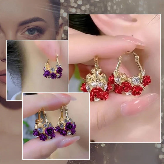 Blossoming Flower Basket Red Rose Earrings