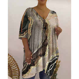 Tryckt djup V crop T-tröja med mitten av ärmarna