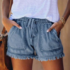 Denimshorts med elastisk hög midja