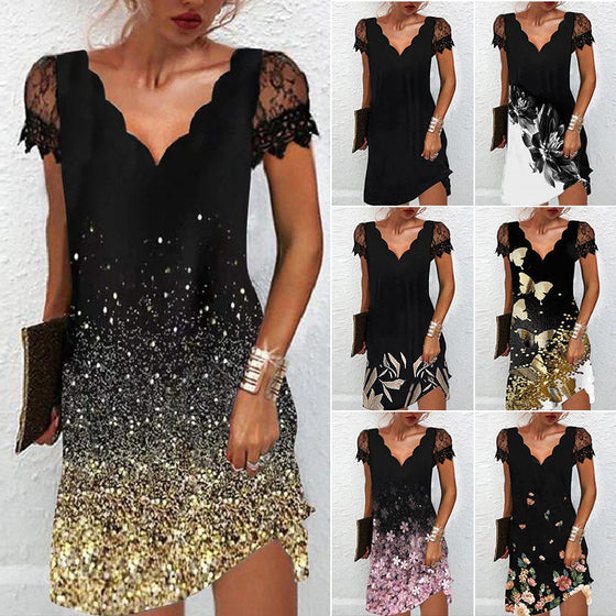 Damklänning med v-ringning, spets och korta ärmar