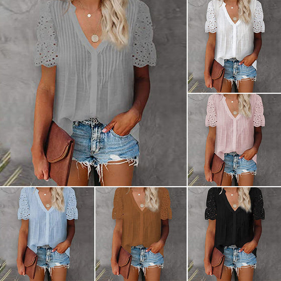 Plisserad skjorta för kvinnor med V-halsband