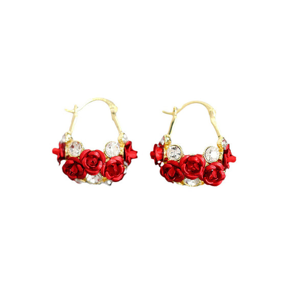 Blossoming Flower Basket Red Rose Earrings