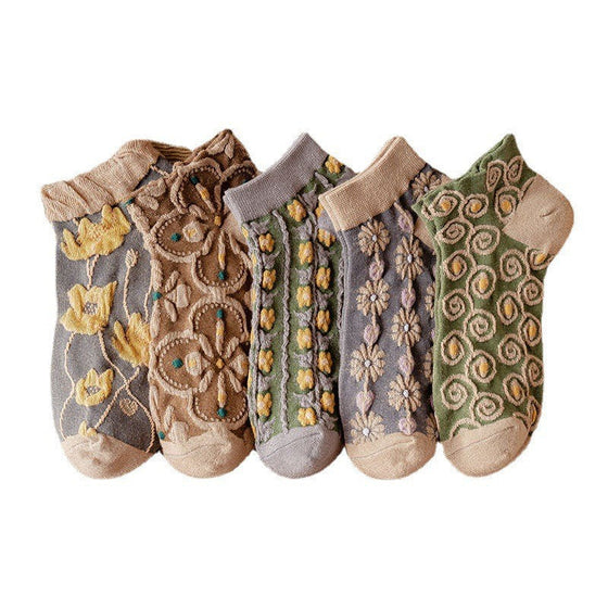 Kvinnors präglade blommiga bomullsstrumpor