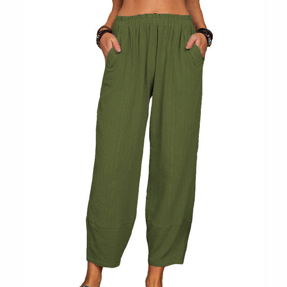 Enfärgade fritidsbyxor i bomull och linne