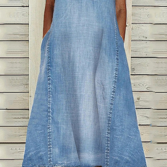 Enfärgad ärmlös V-ringad lös denimklänning