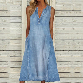Enfärgad ärmlös V-ringad lös denimklänning