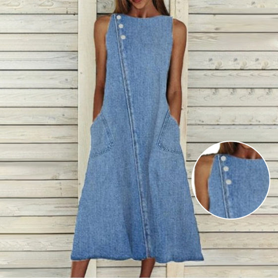 Ärmlös denimklänning med rund hals