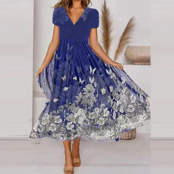 V-ringad kortärmad panelklänning med tryck