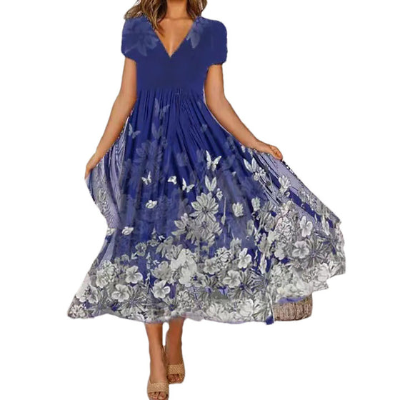 V-ringad kortärmad panelklänning med tryck