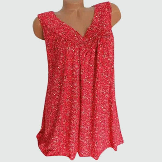 Små blommönster v-ringad ärmlös linne