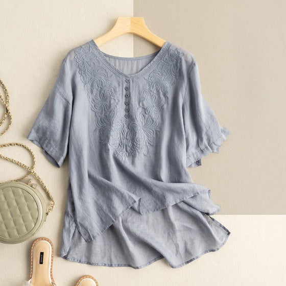 Broderad T-shirt med kort ärm i bomull